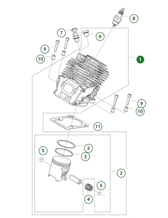 Cylinder pilarki Husqvarna 565, zdjęcie schematu pilarki, cylinder oznaczony numerem 1, w tle widoczne inne części pilarki,