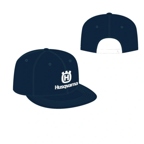 czapka Logo Cup Husqvarna, w kolorze granatowym z białym logo Husqvarna i napisem z przodu, czapka na jasnym tle, widoczne zapięcie tylne,