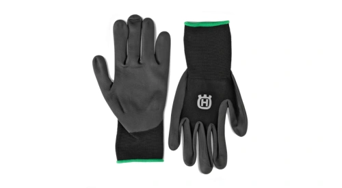 Rękawice ochronne Classic Grip Husqvarna, w kolorze czarnym, z widocznym logo Husqvarna, posiadają gumową powłokę, widok z góry na jasnym tle,