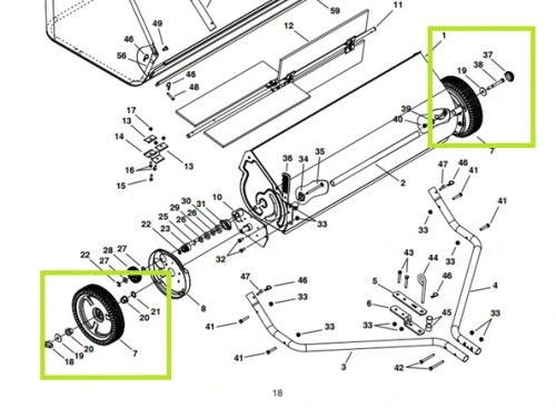 Koło zbieracza marki Husqvarna, zaokrąglone, z metalowym obszyciem i widocznym mocowaniem, pod kątem na spodzie maszyny, na tle schematu, metalowo-plastikowe elementy jasno wyróżnione.