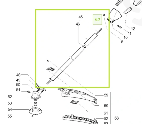 Wał napędowy stosowany w wybranych kosach i podkaszarkach grupy Husqvarna., wykonany z metalu, w kolorze srebrnym. Widok z boku, na prosto, z detalami mocowania. Na końcu widoczny gwint. Obok inne elementy w wyraźnym układzie.