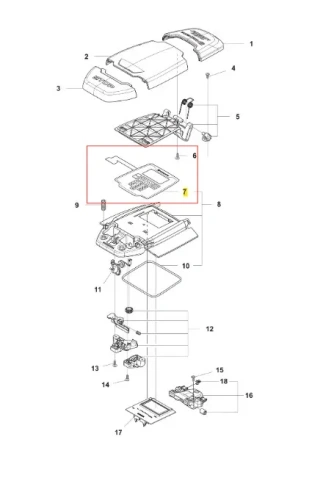 Zestaw części do klawiatury robota koszącego AUTOMOWER 540 560 Epos Husqvarna. Widok z góry, pokazujący komponenty w układzie, w tym elementy montażowe i dodatkowe akcesoria. Części są oznaczone numerami, a kluczowy składnik zaznaczony na czerwono.