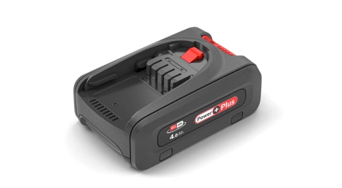 Akumulator Husqvarna P4A 18-B72 4,0Ah, w kolorze czarnym, z czerwonym przyciskiem. Ujęcie pod kątem pokazuje produkt leżący na białym tle, z widocznymi oznaczeniami na obudowie oraz otworami montażowymi. Idealny do serii Aspire™.