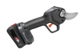 Sekator Aspire PS30X-P4A Husqvarna w kolorze czarnym i szarym, z ergonomicznym uchwytem. Kąt ujęcia: z boku, ukazujący detal ostrza. Widoczne logo Husqvarna na obudowie, akumulator z przodu. Produkt w pozycji stojącej, na jednolitym tle.