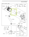 Filtr powietrza Kawasaki w kolorze białym, z czarną obręczą o cylindrycznej formie. Widoczny z boku na schemacie.