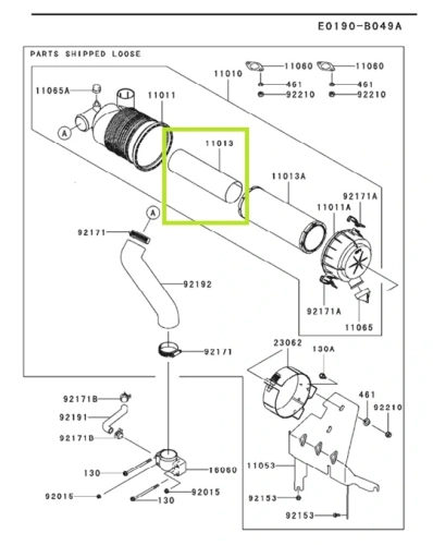 Filtr powietrza Kawasaki w kolorze białym, z czarną obręczą o cylindrycznej formie. Widoczny z boku na schemacie.