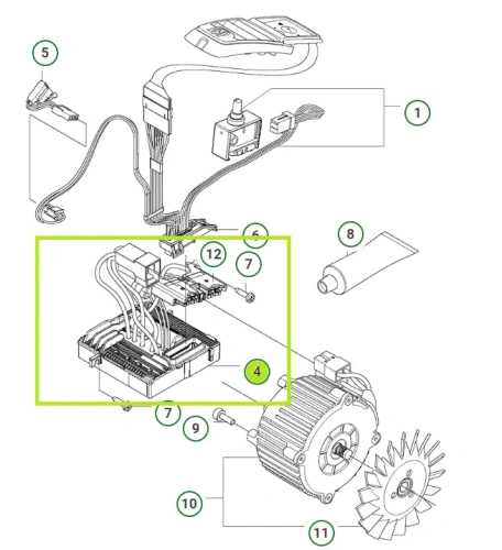 Jednostka sterująca pilarki Husqvarna 535LiXP/436Li oznaczona na schemacie numerem ,,4''.
