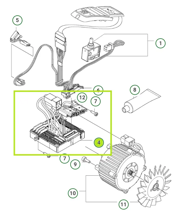 Jednostka sterująca pilarki Husqvarna 535LiXP/436Li oznaczona na schemacie numerem ,,4''.