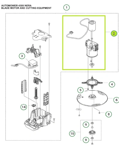 Silnik noży do robota koszącego Automower 430X NERA Husqvarna. Przedstawiony na schemacie. SIlnik oznaczony kolorem zielonym.