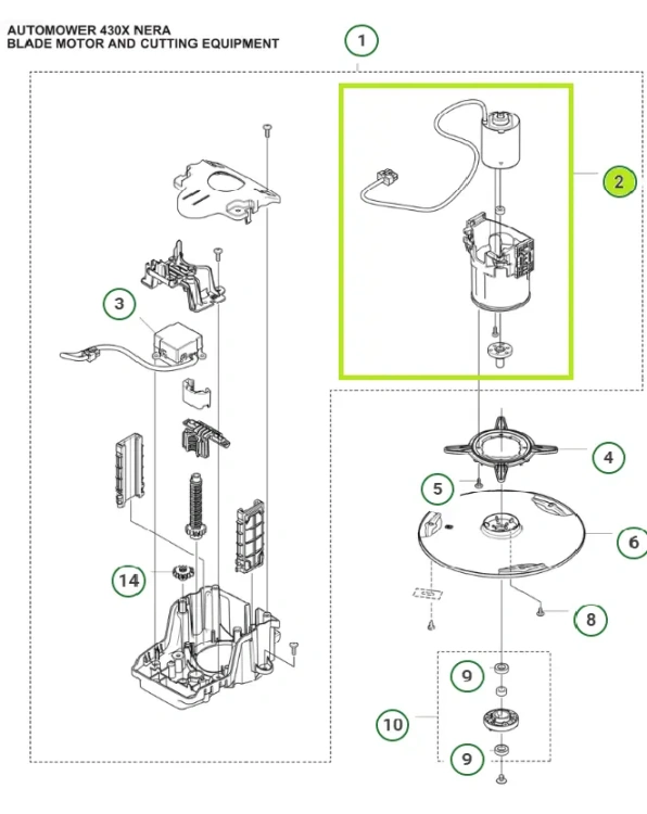 Silnik noży do robota koszącego Automower 430X NERA Husqvarna. Przedstawiony na schemacie. SIlnik oznaczony kolorem zielonym.