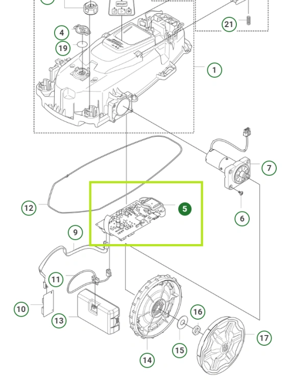 Schemat płyty głównej do Automower Aspiro/Sileno Husqvarna, zaznaczony kolorem zielonym.