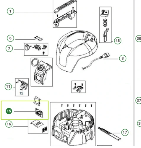Płytka sterująca odkurzacza WDC 325L Husqvarna. Element ukazanay na białym tle, zawiera złącza i oznaczenia, przedstawiony na schemacie. Obok widoczne inne części odkurzacza.