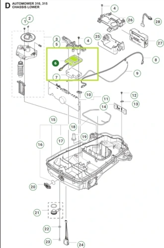 Czarna bateria do robotów Husqvarna 310/315, prostokątna, z widocznymi złączami i oznaczeniami napięcia, leżąca na płaskiej powierzchni z widocznymi elementami konstrukcji i mocowaniami.