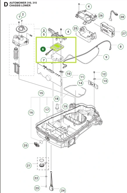 Czarna bateria do robotów Husqvarna 310/315, prostokątna, z widocznymi złączami i oznaczeniami napięcia, leżąca na płaskiej powierzchni z widocznymi elementami konstrukcji i mocowaniami.