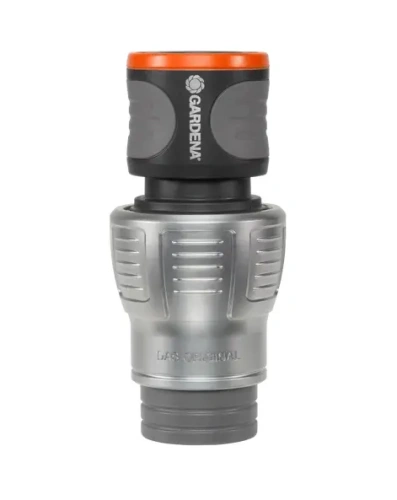 Szybkozłącze Premium 19 mm G 3/4" Gardena, z widocznymi uchwytami do łatwego montażu. Ujęcie frontalne, produkt stoi na jednolitym tle. Wysoka jakość materiału,