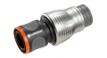 Szybkozłącze Premium 19 mm G 3/4" Gardena, z widocznymi uchwytami do łatwego montażu. Ujęcie frontalne, produkt stoi na jednolitym tle. Wysoka jakość materiału,