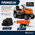 Promocja traktor TC 114. Widoczny  czarny pokrowiec na traktor oraz przyczepka pomarańczowa husqvarna 275 dodawana w gratisie