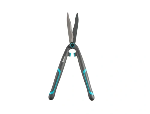 Nożyce do żywopłotu EasyCut Gardena w niebieskim kolorze z pomarańczowym przyciskiem. Metalowe ostrza do precyzyjnego cięcia i ergonomiczny uchwyt zapewniają wygodę użytkowania.