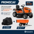 Informacja o promocji na traktor TS112 dostępny z przyczepką do traktora i pokrowcem. Na białym tle.