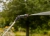 Opryskiwacz ciśnieniowy Gardena EasyPump 5L z metalową rurką i czarną dyszą. Uchwyt z pomarańczowym przyciskiem. Trzymany pionowo na tle drzew, używany w ogrodzie.