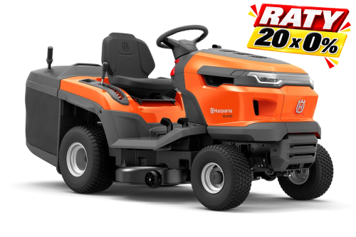 Traktor Husqvarna TC 215T w pomarańczowym kolorze, z ergonomicznym siedzeniem, dużymi kołami, widok z boku na deskę rozdzielczą i logo, solidna konstrukcja z systemem koszenia, idealny do ogrodu.