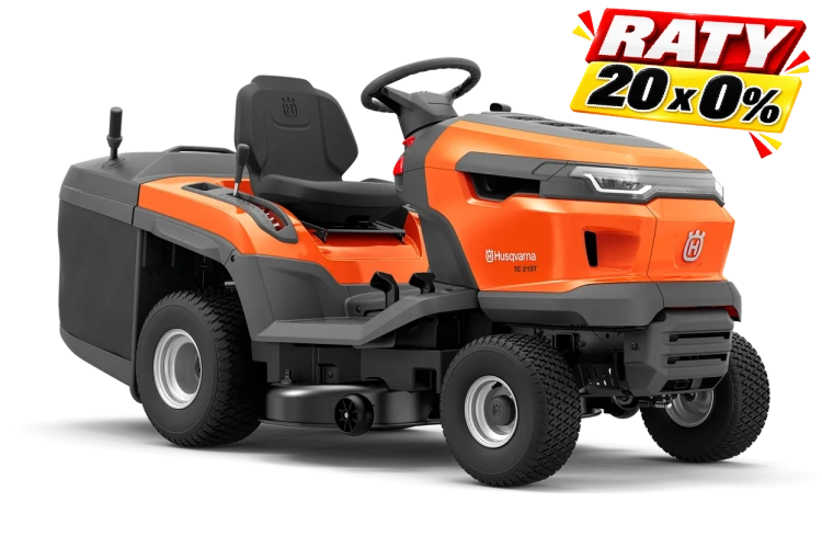 Traktor Husqvarna TC 215T w pomarańczowym kolorze, z ergonomicznym siedzeniem, dużymi kołami, widok z boku na deskę rozdzielczą i logo, solidna konstrukcja z systemem koszenia, idealny do ogrodu.