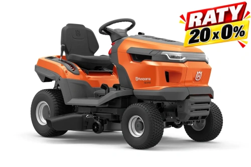 Traktor TS 215T Husqvarna w kolorze pomarańczowym z ciemnoszarymi detalami. Ujęcie z boku, ukazujące siedzisko oraz kierownicę. Widoczne logo Husqvarna, duże, trwałe opony. Produkt stojący na prostym tle, bez dodatkowych elementów.