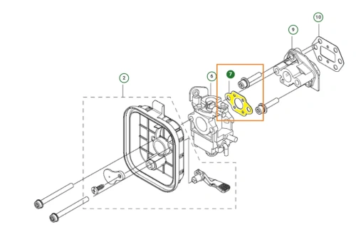 Uszczelka gaźnika wykaszarki 333R Mark II Husqvarna, ukazana na zdjęciu schematu razem z innymi współpracująymi częściami. Uszczelka w kolorze żółtym oznaczona numerem 7.
