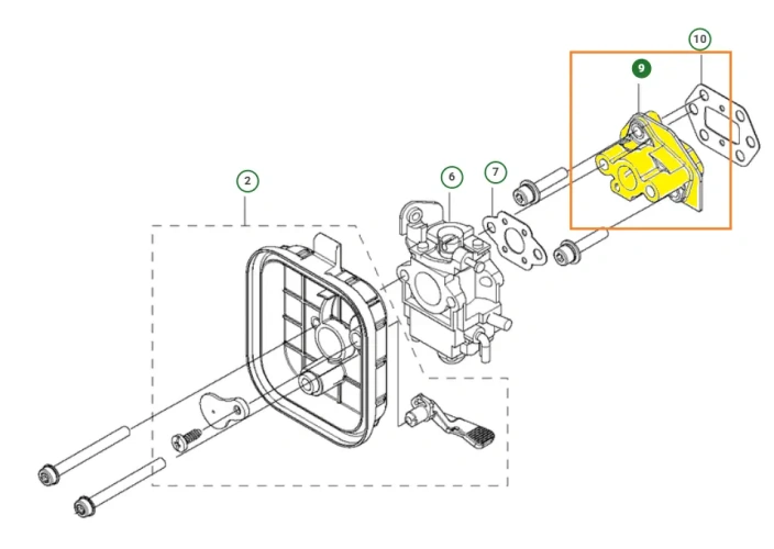 Izolator gaźnika wykaszarki 333R Mark II Husqvarna, w kolorze żółtym, z widocznymi otworami montażowymi. Produkt leży na jednolitym tle, z detalami przedstawiającymi jego kształt oraz mocowania. Zbliżenie na elementy strukturalne i logo marki.