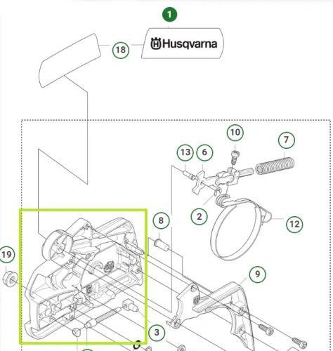 Pokrywa sprzęgła pilarki Husqvarna 135, zdjęcie schematu umiejscowienia pokrywy, oznaczona kolorem zielonym i numerem 1, widoczne szczegóły techniczne i mocowania.