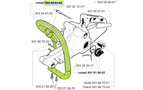 Zielony, zakrzywiony uchwyt przedni do pilarki 257/262XP Husqvarna z widocznymi mocowaniami i detalami, na schemacie, widoczny z boku. Idealny do pilarek Husqvarna.
