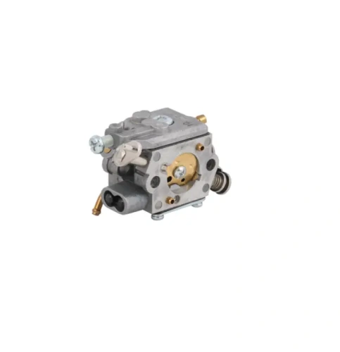 Gaźnik dmuchawy 525bx Husqvarna w kolorze metalicznym, pokazany pod kątem z boku. Na tle prostym, białym.
