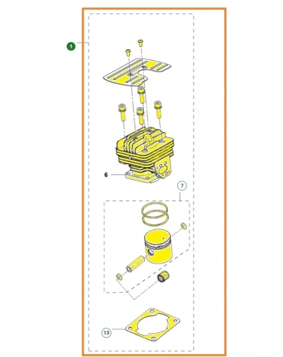 Cylinder wykaszarki 333R Mark II Husqvarna, żółty metalowy element z cylindryczną podstawą i wielowarstwową pokrywą z otworami i gwintami. Widok z przodu na detal, na białym tle.