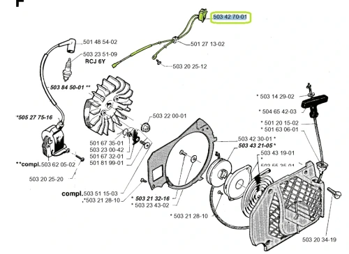Wyłącznik kompletny 670 Husqvarna w zielonym odcieniu. Zainstalowany w pozycji poziomej, z widocznym przyciskiem oraz złączami elektrycznymi, na tle jednolitym. Produkt ukazany na schemacie wraz z innymi częsciami.