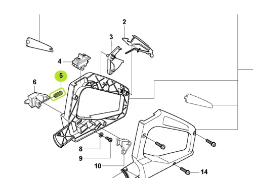Sprężyna powrotna nożyc 123HD60 Husqvarna, czarna, metalowa, w kształcie spiralnym. Widoczna w schemacie montażowym, z wyraźnym oznaczeniem i numerem. Element rozłożony w kontekście całej konstrukcji urządzenia.