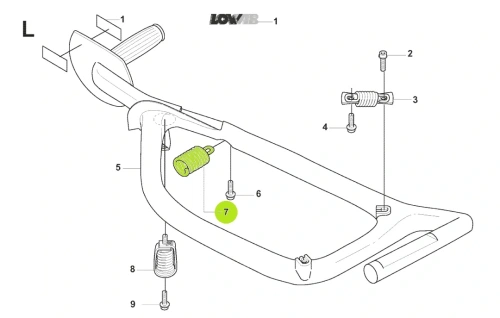 Amortyzator nożyc 225/235 Husqvarna w układzie eksplodowanym, czarno-srebrny, z gwintami, uchwytem i mocowaniami, ułożony poziomo, ukazujący detale konstrukcyjne i akcesoria montażowe.