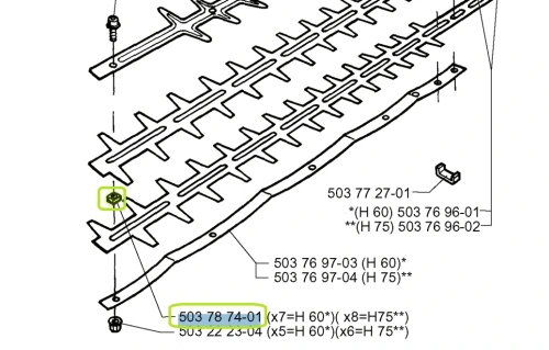 Schemat elementu odległościowego nożyc 225H60/225H75 Husqvarna, widok z góry, pokazujący detale i elementy montażowe, w tym osłonę i gniazdo. Elementy oznaczone numerami katalogowymi.
