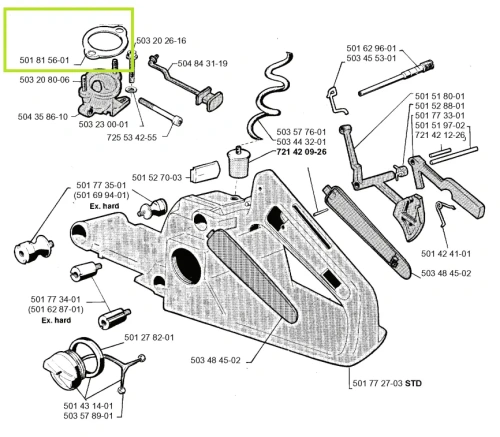 Schemat montażony uszczelki pilarki Husqvarna, zaznaczona w kolorze zielonym.