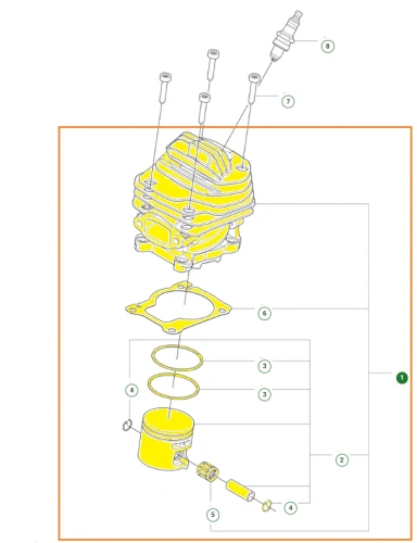 Cylinder kompletny pilarki 564 XP Husqvarna, oznaczony kolorem żółtym, widoczny cylinder, tłok, pierścienie, uszczelka, zdjęcie schematu pilarki.