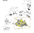 Przekładnia RS800 Husqvarna w kolorze żółtym, widoczna w zbliżeniu. Produkt umieszczony w pozycji pionowej, ukazuje detale takie jak wały, mocowania oraz oznaczenia numeryczne. Tło proste, na białym tle.