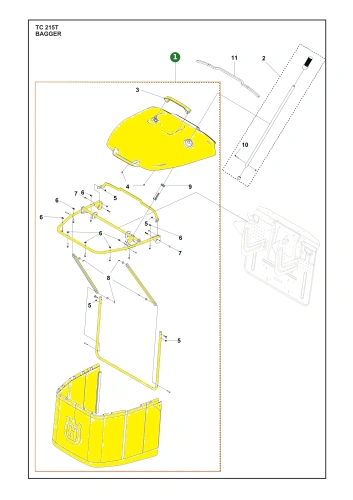 Kosz na trawę traktora TC 215T Husqvarna w kolorze żółtym, z podwójnymi, zakrzywionymi krawędziami. Ujęcie z przodu, ukazuje otwartą konstrukcję i widoczne mocowania. W tle prosty, neutralny kolor dla lepszej widoczności produktu.