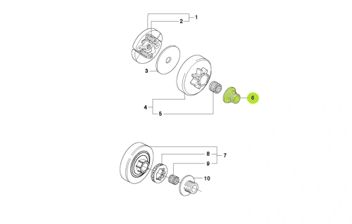 Ślimak pilarki Husqvarna 339XP/336/333. Element plastikowy o okrągłym kształcie, z wyraźnymi występami. Widoczny z boku, leżący na płaskiej powierzchni. Detal o naturalnym wykończeniu, bez widocznych oznaczeń lub napisów.