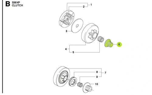 Ślimak pilarki Husqvarna 339XP/336. Element plastikowy o okrągłym kształcie, z wyraźnymi występami. Widoczny z boku, leżący na płaskiej powierzchni. Detal o naturalnym wykończeniu, bez widocznych oznaczeń lub napisów.