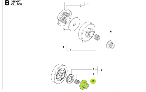 Ślimak pilarki Husqvarna 339XP/338XPT. Element plastikowy o okrągłym kształcie, z wyraźnymi występami. Widoczny z boku, leżący na płaskiej powierzchni. Detal o naturalnym wykończeniu, bez widocznych oznaczeń lub napisów.