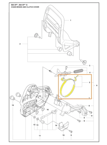 Taśma hamulca pilarki 564 XP Husqvarna, oznaczona kolorem żółtym, na zdjęciu schematu widoczne inne części współpracujące.