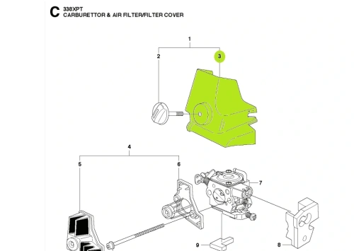 Pokrywa filtra powietrza pilarki Husqvarna 338XPT/334T w kolorze zielonym, z widocznymi detalami mocowania i otworami. Ujęcie z boku, pokazujące kształt i dopasowanie do silnika. Na białym tle, co podkreśla klarowność detali i charakterystyczne cechy.