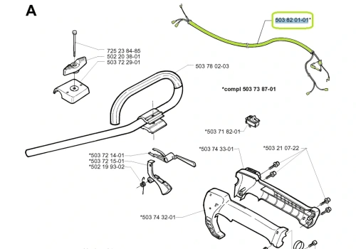 Wiązka sterownicza wykaszarki 240RBD Husqvarna w kolorze zielonym z metalowymi elementami, pokazująca złącza i mocowania na shcemacie. Element przedstawiony na białym, jednilotym tle.