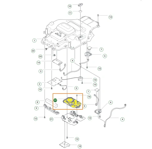 Zestaw modułu RTK 540 EPOS Husqvarna. Widok z góry na rozmontowane elementy, w tym wirnik i osłonę. Materiał: plastik, metal. Elementy montażowe widoczne, na białym tle.
