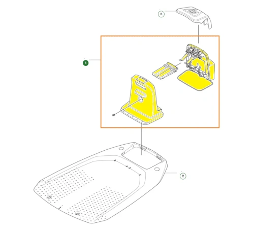 Wieża stacji ładującej Automower Aspire R4 Husqvarna, oznaczona kolorem żółtym i numerem 1. Zdjęcie schematu, widoczne inne współpracujące części.