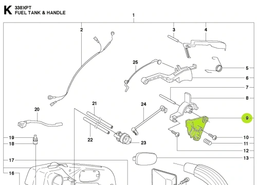 Zielona płytka pilarki Husqvarna 338XPT, 335XPT, 334T z tworzywa, ukazana z boku. Widoczne mocowania oraz kluczowe detale montażowe na schemacie, na jasnym tle.